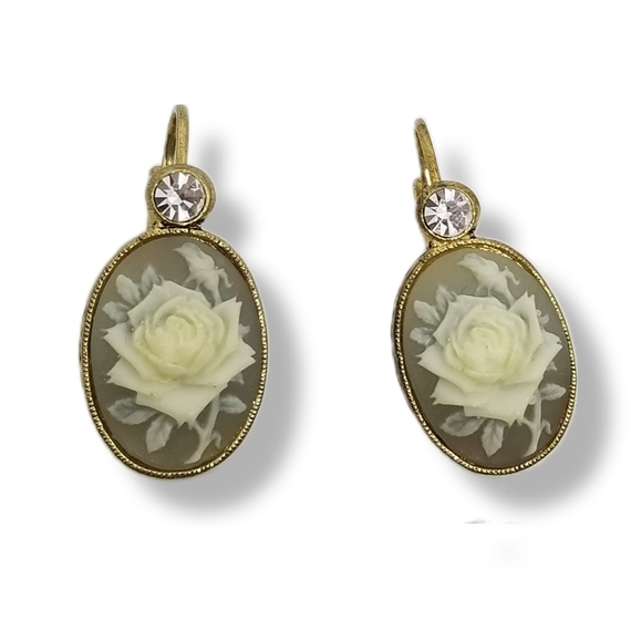 AVON 2002 "PEARLESQUE TORSADE" ROSE CAMEO & CRYSTAL EARRINGS - Picture 1 of 7